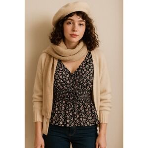 Black Floral Smocked Peplum Blouse Puff Sleeve Winter Layering Holiday‎ Party M